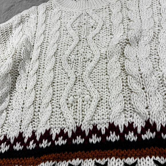Vintage 90s Women's Cable Knit Sweater White Large Hand Knit Chunky Fisherman - Picture 3 of 8